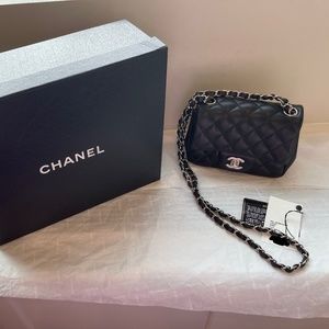 NWT!! CHANEL BLACK Square Mini  Lambskin with Silver Hardware-20B Series